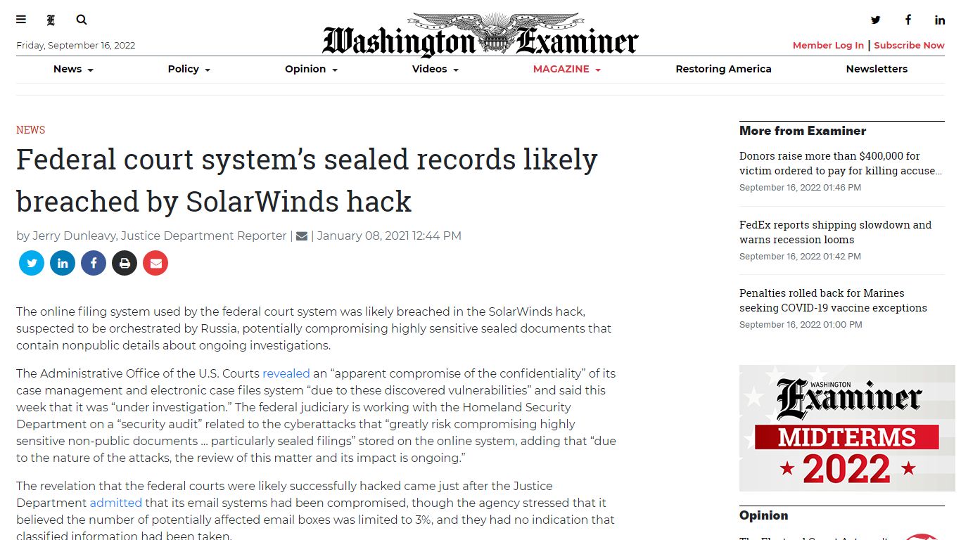 Federal court system’s sealed records likely breached by SolarWinds ...